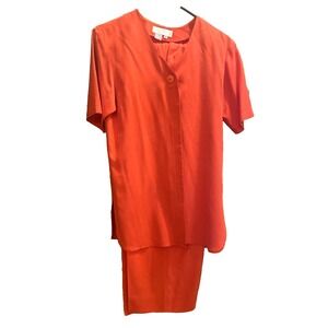 Barrie Pace 100% Silk Pant Suit Sz 4 Orange Red Button Fly Pants Short Sleeve